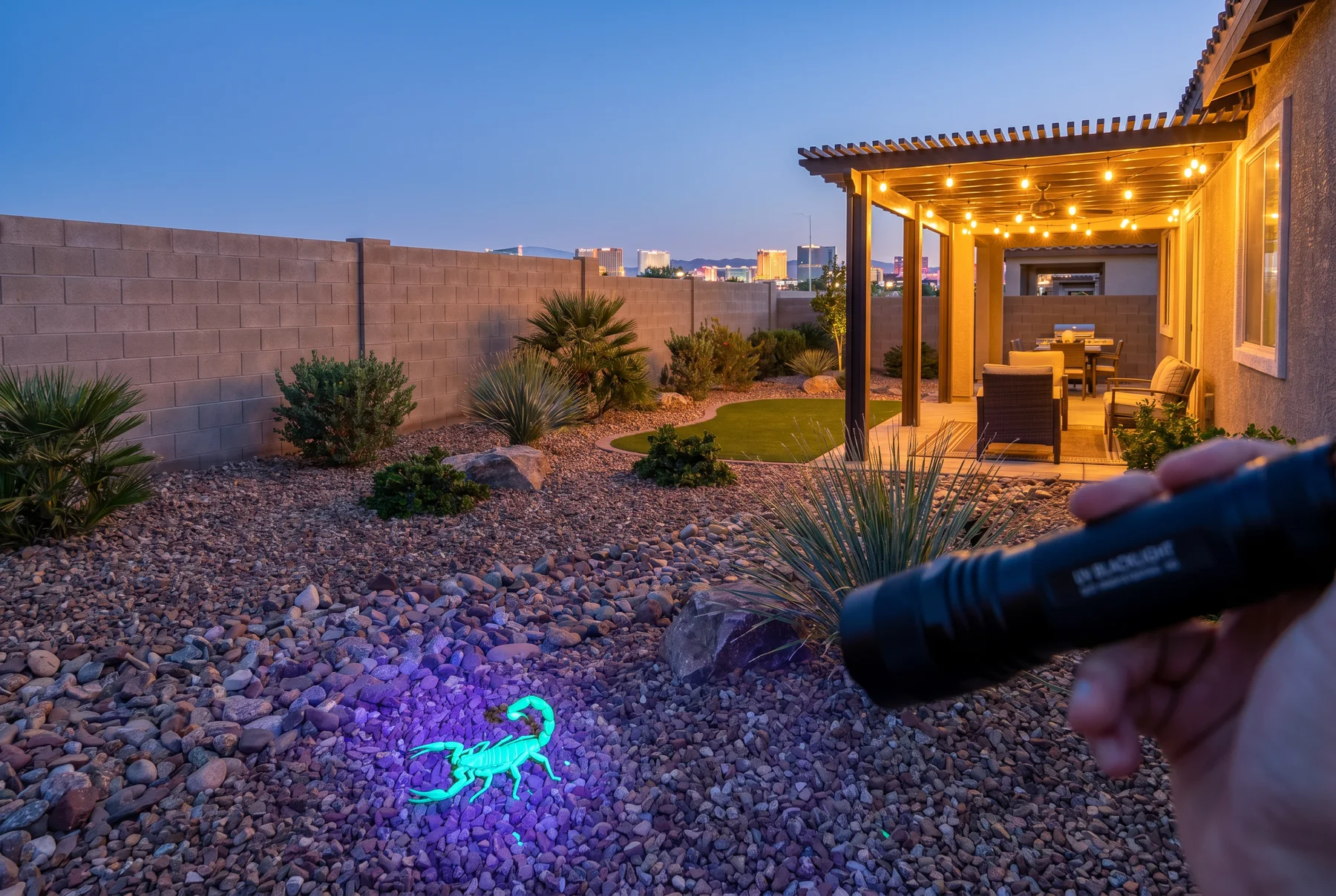 Checking a Las Vegas backyard for scorpions with a UV flashlight