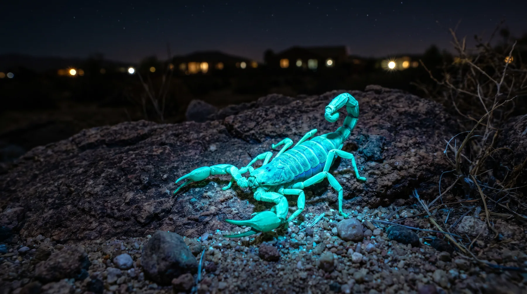 Bark scorpion under ultraviolet light at night
