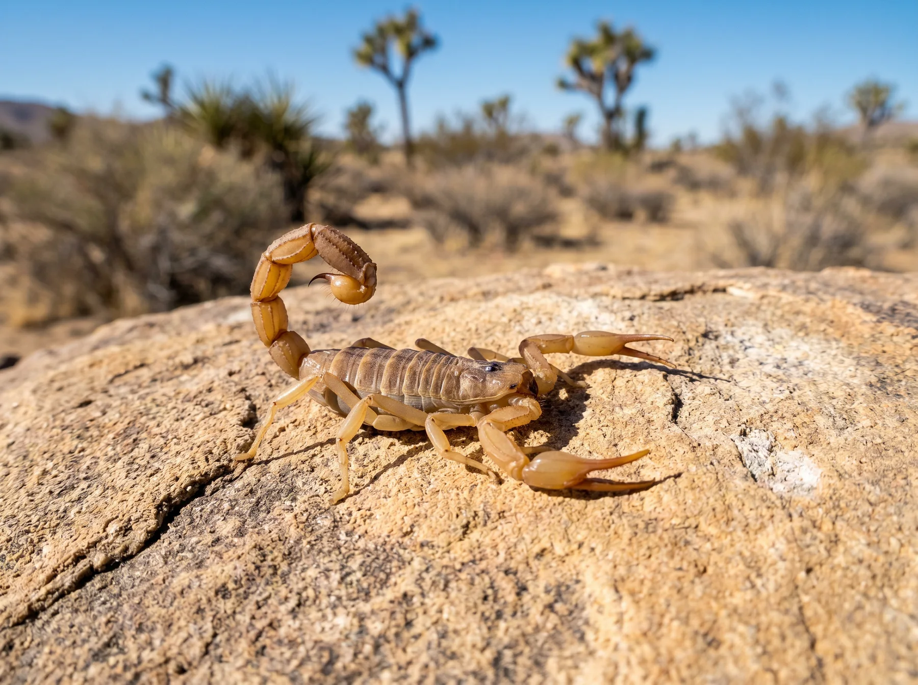 Desert hairy scorpion on a rock in daylight