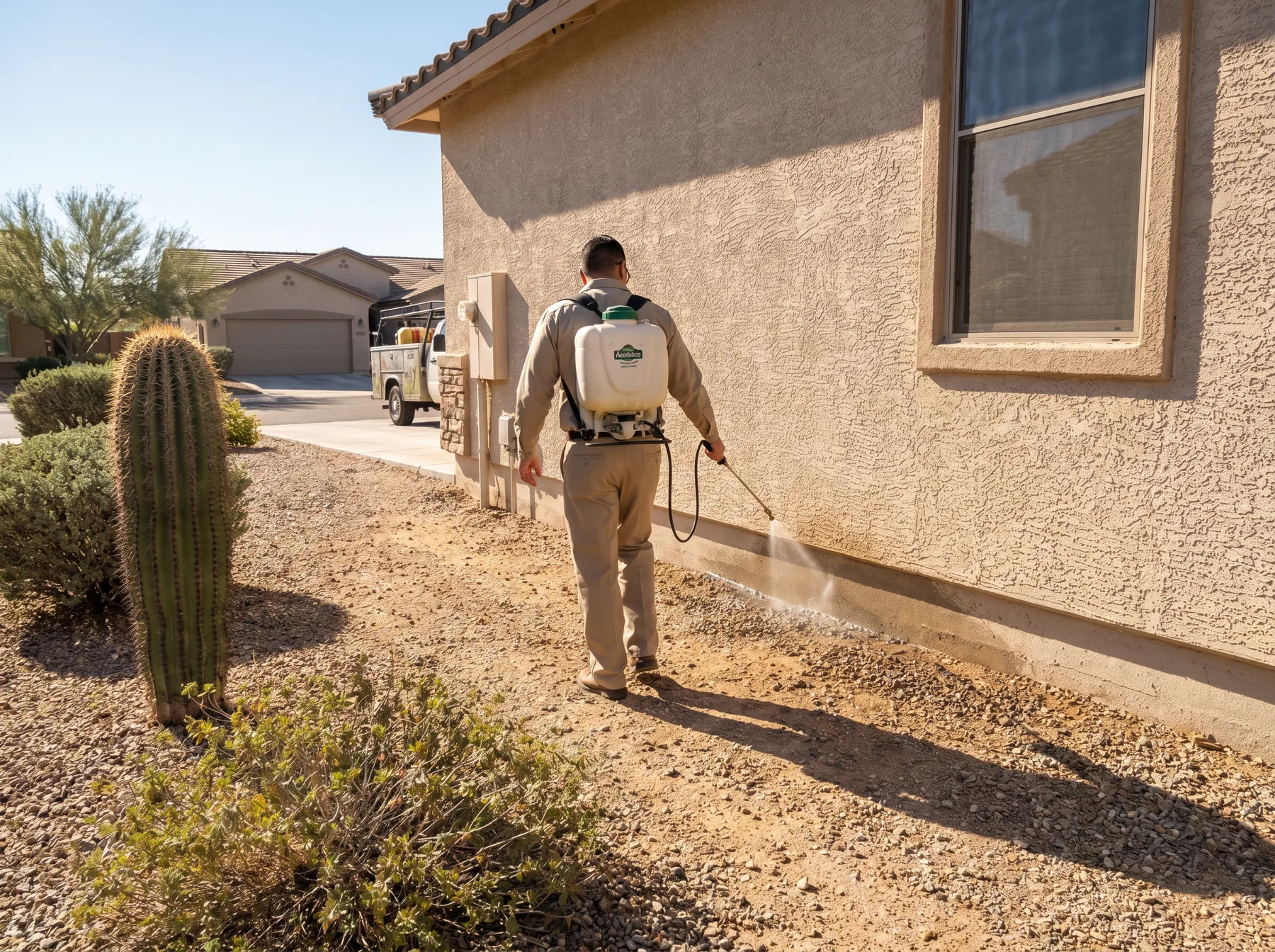 Technician treating the exterior of a Las Vegas home