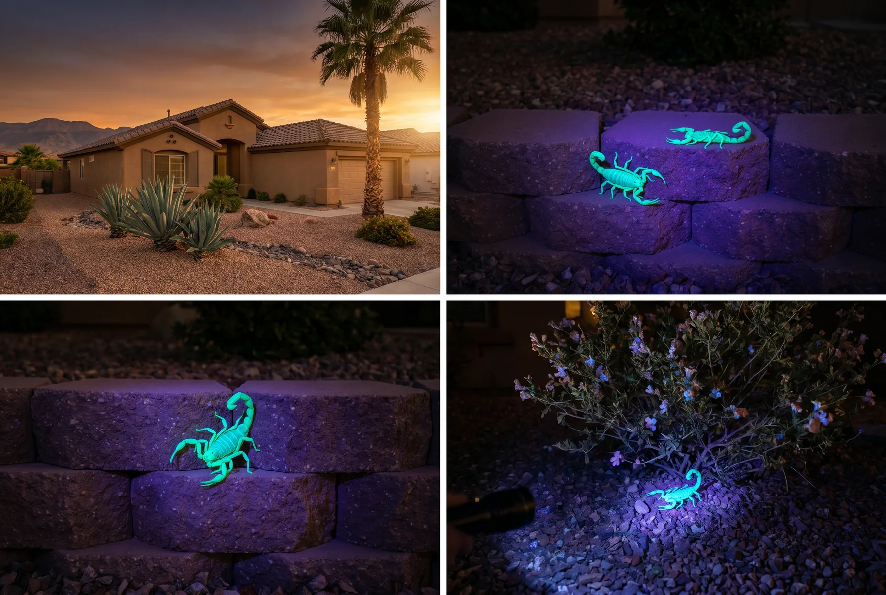 Scorpions visible under UV light on block walls at dusk